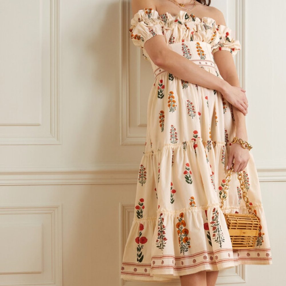 Agua by Agua Bendita The Wallflowers Banana Dahlia Embroidered Puff-Sleeve Maxi